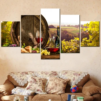 5шт Модульная картина на холсте для декора стен гостиной Художественные бокалы для вина Изображение бочки в винограднике Современные рамки для украшения комнаты 1