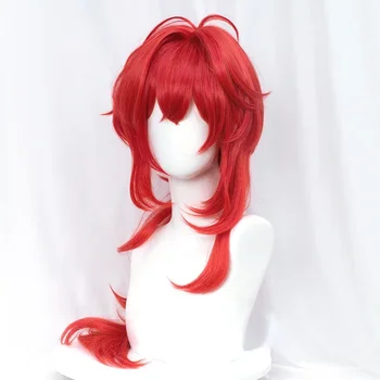 Genshin Impact Diluc Косплей 60 см Длинный Красный парик Косплей Аниме Косплей Парики Термостойкие синтетические парики Хэллоуин 2