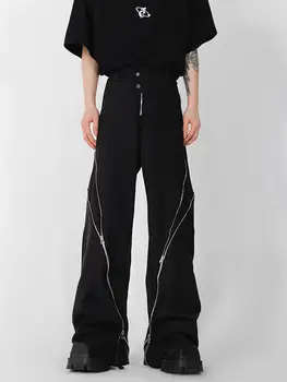 Американский модный бренд, женские черные брюки с разрезом на молнии, слегка расклешенные брюки с вертикальным ощущением прямых повседневных брюк в стиле ретро 1