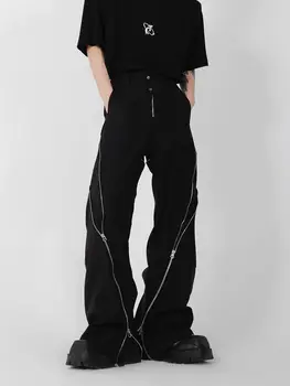 Американский модный бренд, женские черные брюки с разрезом на молнии, слегка расклешенные брюки с вертикальным ощущением прямых повседневных брюк в стиле ретро 2