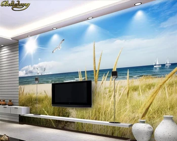 бейбехан Пользовательские обои фреска голубое небо белые облака пляж трава вид на море 3D ТВ фон обои домашний декор 3D обои 1