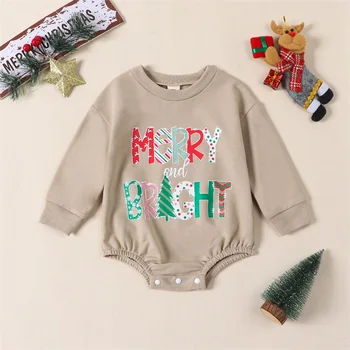 Новорожденный, Мой первый рождественский наряд, Комбинезон с буквенным принтом в виде елки, Круглый вырез с длинным рукавом, Детская Зима 1
