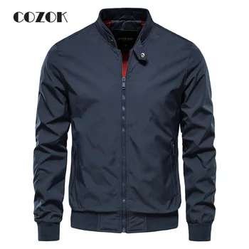 Осенняя новая стильная мужская куртка высокого качества, повседневная однотонная куртка, модная приталенная мужская куртка со стоячим воротником, куртка 2