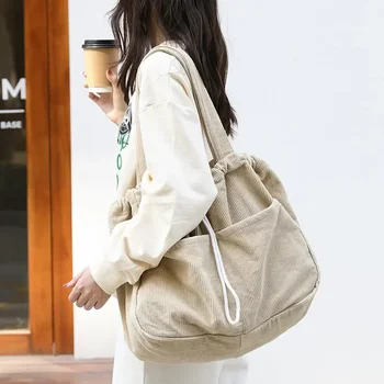 Простые повседневные сумки для подростков, студенческая вельветовая сумка через плечо, женская большая сумка на шнурке, женские сумки для покупок 2