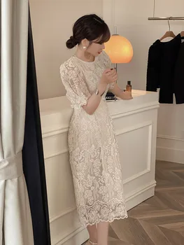 роскошное элегантное женское белое кружевное платье с высокой вышивкой, женское летнее французское элегантное длинное платье с узкой талией 2023 года 1