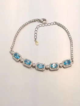 Серебряный браслет с инкрустацией топазом 925 пробы с пятью квадратными синими камнями и ювелирными изделиями высокого качества, модный подарок на день рождения, годовщину для женщин 1