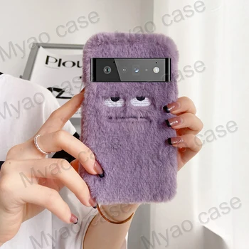 Фиолетовый чехол для телефона с забавным лицом монстра для Google Pixel 7A 8 8A 6 6A 7 Pro, пушистый плюшевый меховой чехол, мультяшные теплые зимние чехлы 1
