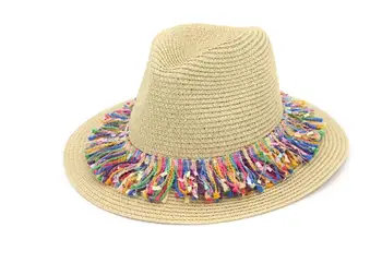 100 шт./лот новая мода унисекс красочная соломенная панама с кисточками для пляжа/соломенная шляпа-трильби от солнца 2