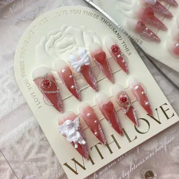 10шт Градиентного Розового Цвета Накладные Ногти Длинной формы С Розовым Бантом Ангел 3D Украшения Полное Покрытие Ногтей Для Женщин 2