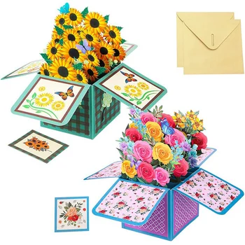 2 Шт Открытки с розами из семян подсолнечника, Цветные поздравительные открытки на День матери, 3D конверт с букетом на День матери, подарки для мам 1