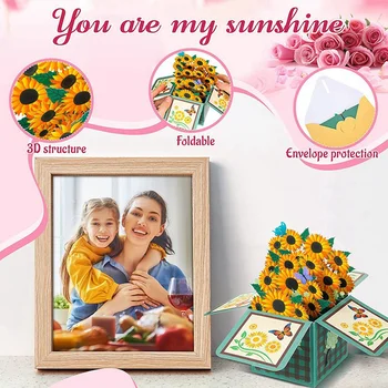 2 Шт Открытки с розами из семян подсолнечника, Цветные поздравительные открытки на День матери, 3D конверт с букетом на День матери, подарки для мам 2