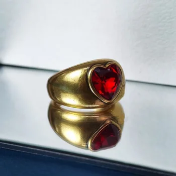2021 Модные ювелирные изделия роскошного бренда; Кольцо с красным сердцем из кристаллов для женщин; Винтажные кольца для вечеринок золотого цвета; Изысканная бижутерия 1