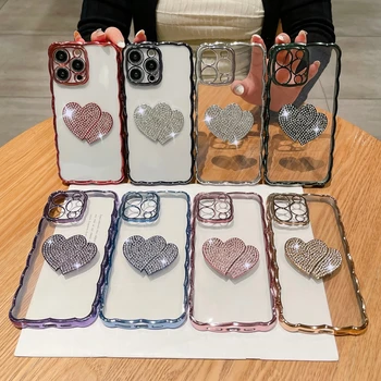 80ШТ Чехлы Bling Diamond Love Heart с хромированной волной для Iphone 14 Plus 13 12 11 X Max 8 7 с градиентным блестящим покрытием, прозрачная крышка 1
