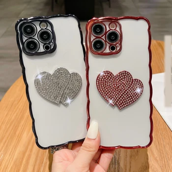 80ШТ Чехлы Bling Diamond Love Heart с хромированной волной для Iphone 14 Plus 13 12 11 X Max 8 7 с градиентным блестящим покрытием, прозрачная крышка 2