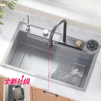 Feiyu Waterfall Nano 304 Кухонная раковина из нержавеющей стали, Большой однощелевой умывальник для овощей, Ручной работы, пистолет для мытья посуды, Серый 1