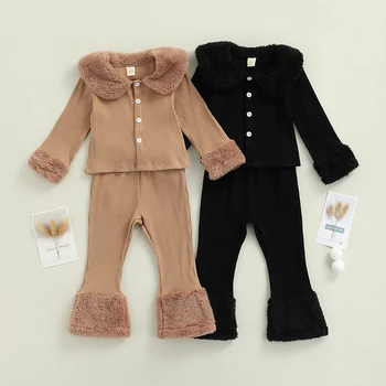 FOCUSNORM, Осенние комплекты одежды для девочек от 1 до 6 лет, 2 предмета, однобортные топы с длинным рукавом и меховым воротником, расклешенные брюки