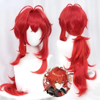 Genshin Impact Diluc Косплей 60 см Длинный Красный парик Косплей Аниме Косплей Парики Термостойкие синтетические парики Хэллоуин