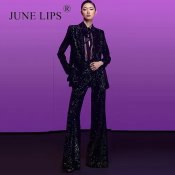 JUNE LIPS 2023, новейший дизайнерский модный костюм для подиума, женский приталенный бархатный блейзер с блестками, брюки-клеш, комплект из 2 предметов 1