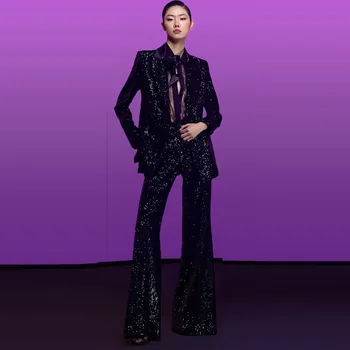 JUNE LIPS 2023, новейший дизайнерский модный костюм для подиума, женский приталенный бархатный блейзер с блестками, брюки-клеш, комплект из 2 предметов 2