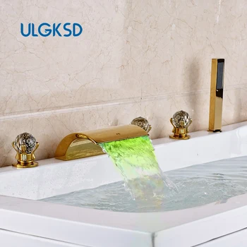 ULGKSD Золотой бортиковый смеситель для ванны, широко распространенный смеситель для раковины с водопадом, 5 шт. со светодиодной подсветкой 1