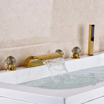ULGKSD Золотой бортиковый смеситель для ванны, широко распространенный смеситель для раковины с водопадом, 5 шт. со светодиодной подсветкой 2