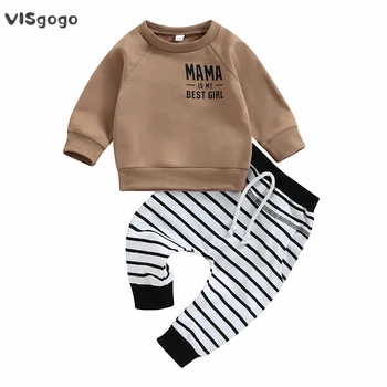 VISgogo Одежда для мальчиков на весну из 2 предметов, толстовка с длинным рукавом с буквенным принтом и эластичные брюки в полоску, повседневный костюм 1