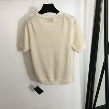 Весенне-летний женский свитер с короткими рукавами, круглым вырезом и буквенным принтом, яркий шелковый пуловер из смесового трикотажа 03265457480 1