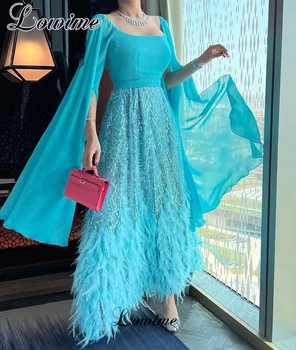 Выпускные платья ближневосточного синего цвета длиной до щиколоток с перьями, Элегантные вечерние платья с открытой спиной, коктейльные платья Vestidos De Noche 1