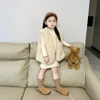 Детская одежда Шерстяной жилет для девочек или нижнее платье 2024 Осень-зима, новая мода для девочек, хлопковый жилет Mao Mao 1