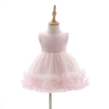 Детское платье от 0 до 2 лет, короткое розовое платье-пачка без рукавов для девочек, вечеринка по случаю первого дня рождения, майка для маленькой принцессы, платье из пряжи и сетки 1