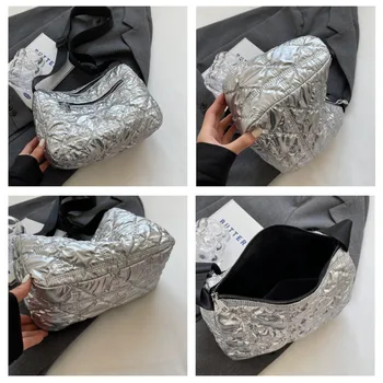 Диагональная сумка с перекрестным пухом Новая вместительная однотонная плиссированная сумка Cloud Bag из жемчужного хлопка для женщин 2