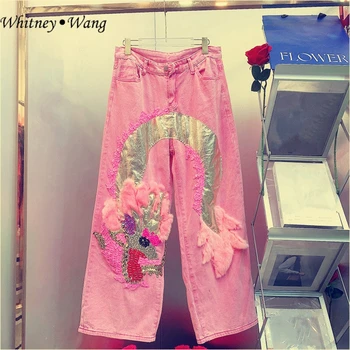 Дизайнерский стиль WHITNEY WANG, Весенняя мода 2024, уличная одежда, джинсы в стиле пэчворк с 3D Драконом, расшитые бисером, Женские джинсовые брюки 1