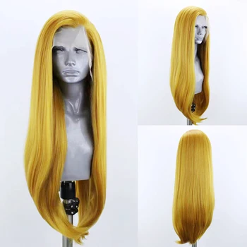 Желтый парик AIMEYA, длинный шелковистый прямой синтетический парик с кружевом спереди для женщин и девочек, желтый кружевной парик из термостойких волокон волос для девочек 1