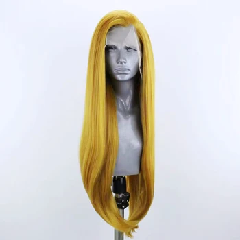 Желтый парик AIMEYA, длинный шелковистый прямой синтетический парик с кружевом спереди для женщин и девочек, желтый кружевной парик из термостойких волокон волос для девочек 2