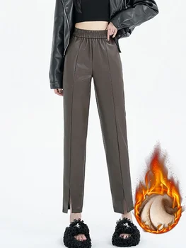 Женские брюки из искусственной кожи KUCLUT, бархатные черные брюки, Корейские модные брюки с высокой талией, Винтажная повседневная Осенне-зимняя новая одежда