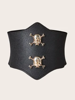 Женский кожаный корсет с черными заклепками в виде черепа на талии, подходящий для вечеринок и повседневного использования 2