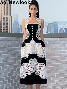 Женское платье Aoi 2023 Высокого качества Y2k Vestidos, черно-белое кружевное лоскутное шитье контрастного цвета, открытая модная одежда для вечеринок