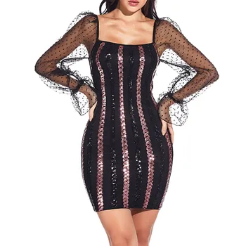 Женское элегантное мини-платье с блестящими пайетками, женское 2024 Новое сексуальное сетчатое Прозрачное облегающее платье с длинными рукавами, вечерние платья Vestidos 1