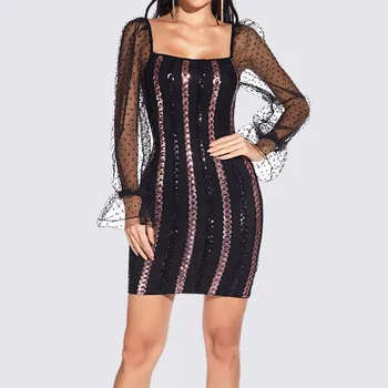 Женское элегантное мини-платье с блестящими пайетками, женское 2024 Новое сексуальное сетчатое Прозрачное облегающее платье с длинными рукавами, вечерние платья Vestidos 2