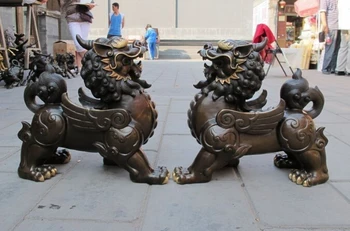 Китайская Бронзовая собака Foo Лев Дракон Единорог Пара классических дворцовых статуй 1