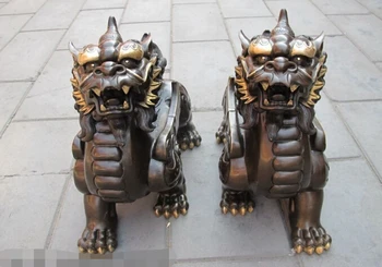 Китайская Бронзовая собака Foo Лев Дракон Единорог Пара классических дворцовых статуй 2