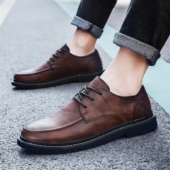 Кожаная мужская обувь, удобные оксфорды на шнуровке, модная повседневная обувь, мужская брендовая официальная удобная обувь ручной работы на плоской подошве, деловая мужская обувь 1