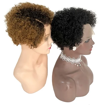 Короткий афро кудрявый парик на кружеве спереди омбре коричневый с черным пробором сбоку у корня парик из человеческих волос remy 2