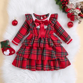 Красное клетчатое платье для маленьких девочек от 0 до 5 лет, Многослойное платье трапециевидной формы с длинными рукавами И рюшами, Вечерние Платья Принцессы, Детская Осенняя одежда
