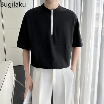 Летняя новинка Bugilaku на молнии с коротким рукавом, Легкая футболка в зрелом стиле со стоячим воротником и рукавами 3/4. Тренд 1