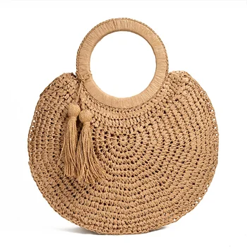 Модная соломенная сумка с бахромой и кисточкой, круглая ручная пляжная тканая сумка, повседневная женская сумка-тотализатор 1