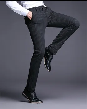 Модный дизайн, большие размеры, мужские повседневные брюки в черную полоску, стрейчевые облегающие молодежные брюки для свадьбы, официальная уличная одежда 2