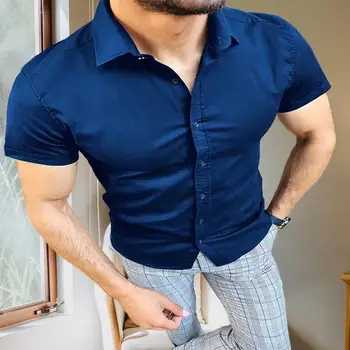 Мужская рубашка, Мужская Однотонная Рубашка, Дышащая Приталенная Мужская Летняя Рубашка с отложным воротником, однобортный Дизайн для Официальных мероприятий 1