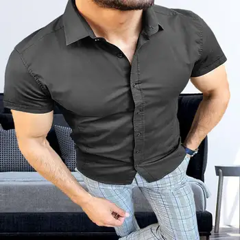 Мужская рубашка, Мужская Однотонная Рубашка, Дышащая Приталенная Мужская Летняя Рубашка с отложным воротником, однобортный Дизайн для Официальных мероприятий 2