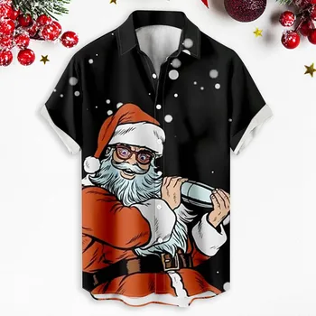 Мужские рождественские рубашки, Забавные топы С короткими рукавами, Блузки Navidad с 3D-принтом, Уродливые кофточки с отворотом в стиле Санта-Клауса 1